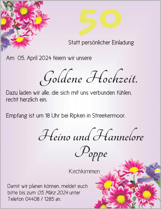 Hochzeitsanzeige von Heino Poppe von NWZ