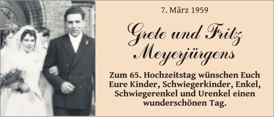Hochzeitsanzeige von Grete Meyerjürgens von NWZ