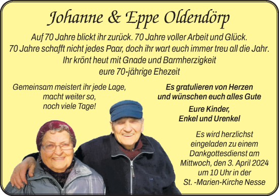 Hochzeitsanzeige von Johanne Oldendörp von EZ