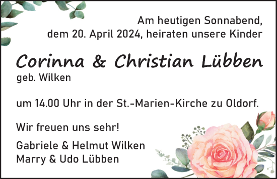 Hochzeitsanzeige von Corinna Lübben von BM
