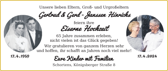 Hochzeitsanzeige von Gertrud Hinrichs von BM