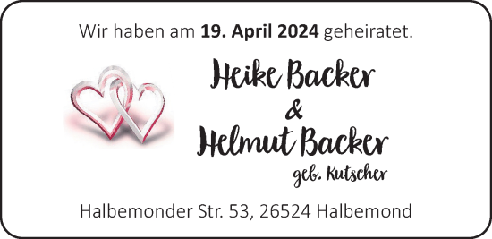 Hochzeitsanzeige von Heike Backer von EZ