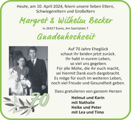 Hochzeitsanzeige von Margret Becker von BM