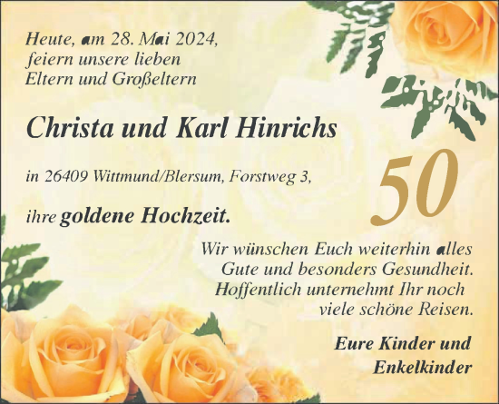Hochzeitsanzeige von Christa Hinrichs von BM