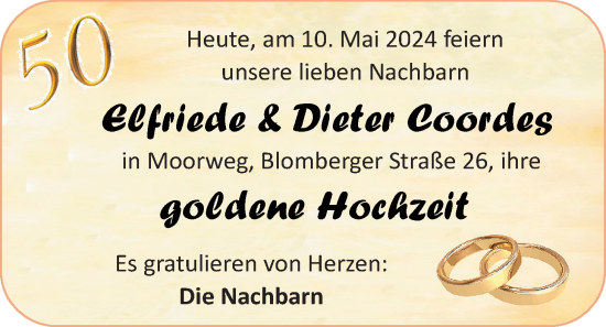 Hochzeitsanzeige von Elfriede Coordes von BM