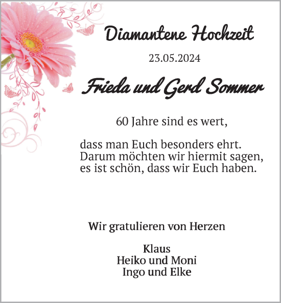 Hochzeitsanzeige von Frieda Sommer von NWZ
