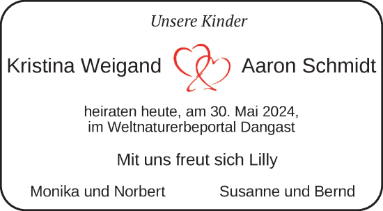 Hochzeitsanzeige von Kristina Weigand von NWZ