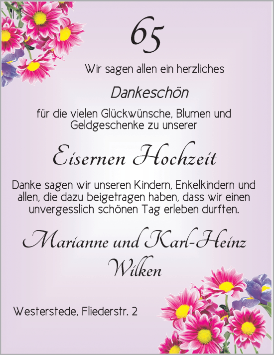 Hochzeitsanzeige von Marianne Wilken von NWZ