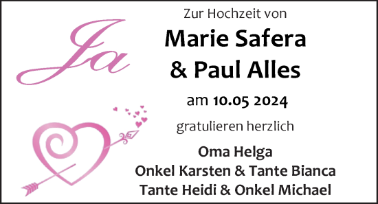 Hochzeitsanzeige von Marie  Safera von EZ