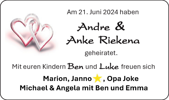 Hochzeitsanzeige von Anddre Riekena von EZ