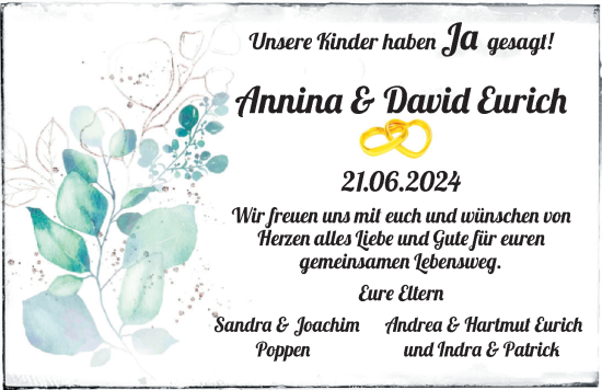 Hochzeitsanzeige von Annina Eurich von EZ