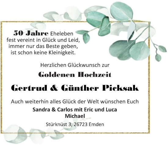 Hochzeitsanzeige von Gertrud Picksak von EZ