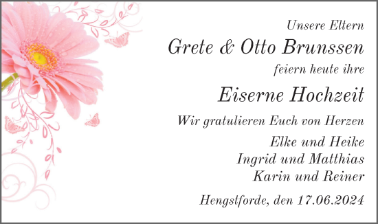 Hochzeitsanzeige von Grete Brunssen von NWZ