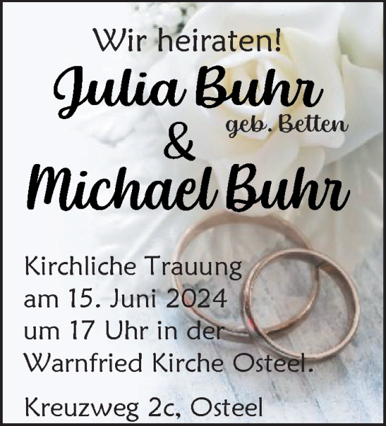 Hochzeitsanzeige von Julia Buhr von EZ