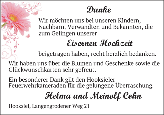 Hochzeitsanzeige von Meinolf Cohn von BM