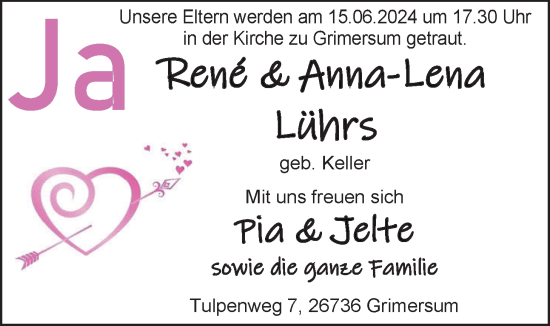 Hochzeitsanzeige von Rene Lührs von EZ