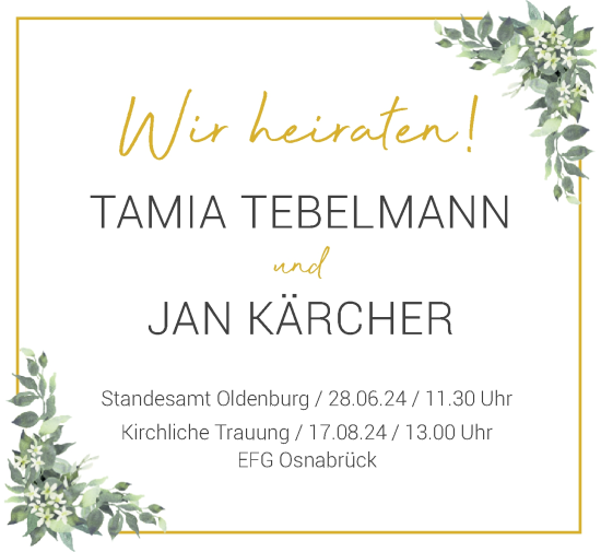 Hochzeitsanzeige von Tamia Tebelmann von NWZ