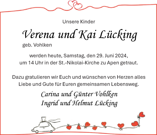 Hochzeitsanzeige von Verena Lücking von NWZ