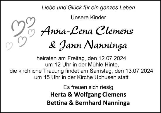 Hochzeitsanzeige von Anna-Lena Clemens von EZ
