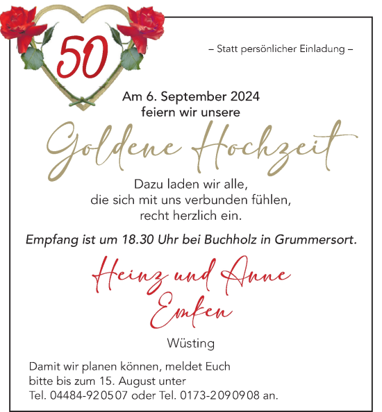 Hochzeitsanzeige von Anne Emken von NWZ