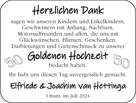 Hochzeitsanzeige von Elffriede van Hettinga von EZ
