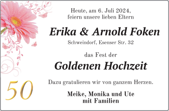 Hochzeitsanzeige von Erika Foken von BM