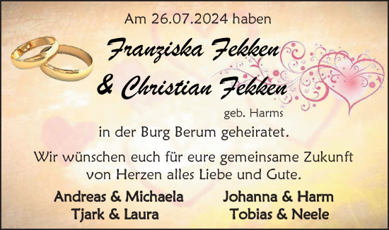 Hochzeitsanzeige von Franziska Fekken von EZ