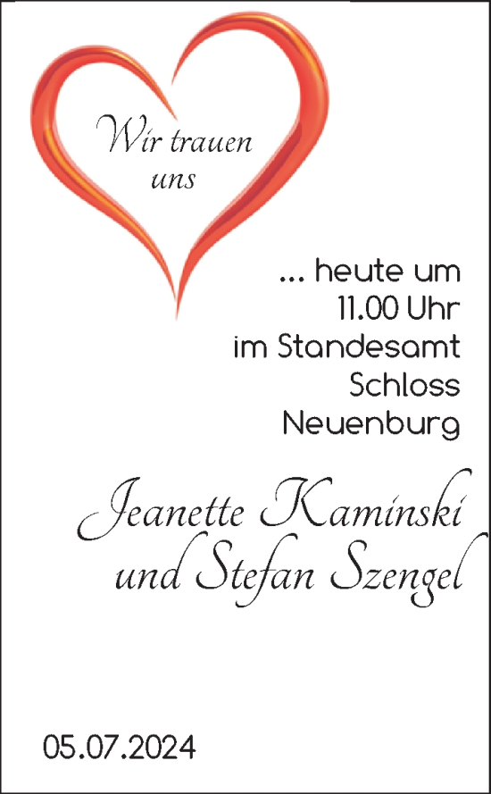 Hochzeitsanzeige von Jeanette Kaminski von BM