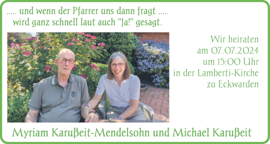 Hochzeitsanzeige von Myriam Karußeit-Mendelsohn von NWZ