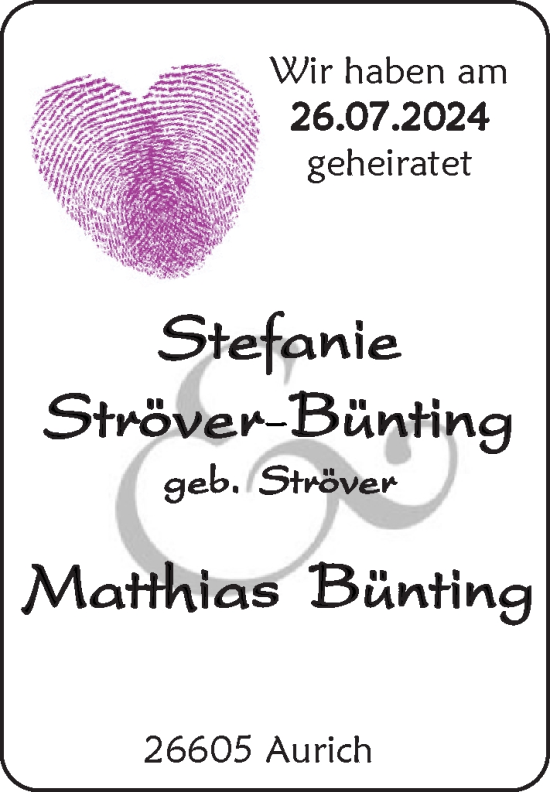 Hochzeitsanzeige von Stefanie Ströver-Bünting von EZ
