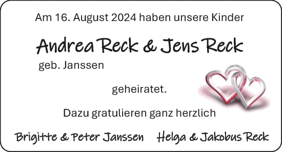 Hochzeitsanzeige von Anddrea Reck von EZ
