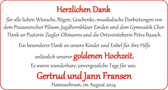 Hochzeitsanzeige von Gerrtrud Fransen von EZ