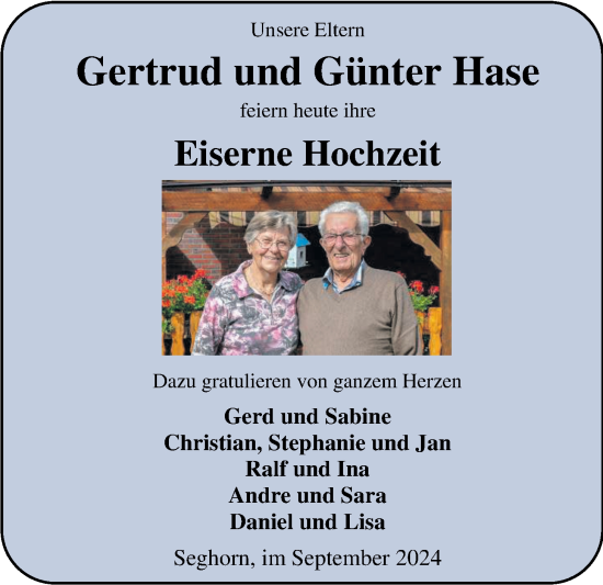 Hochzeitsanzeige von Gertrud Hase von NWZ