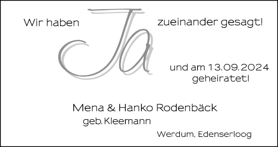 Hochzeitsanzeige von Hanko Rodenbäck von BM
