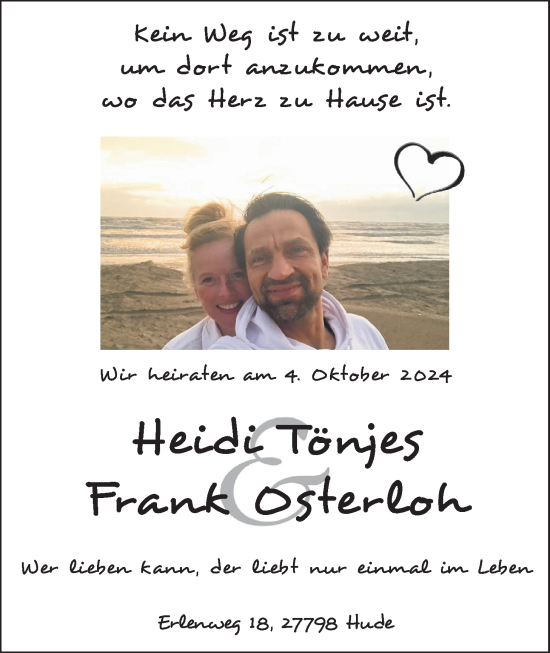 Hochzeitsanzeige von Heidi Tönjes von NWZ