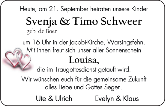 Hochzeitsanzeige von Svenja Schweer von EZ