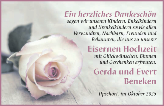 Hochzeitsanzeige von Gerda Beneken von BM