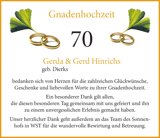 Hochzeitsanzeige von Gerda Hinrichs von NWZ
