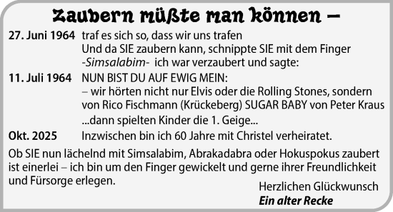 Hochzeitsanzeige von Zaubern müßte man können  von NWZ