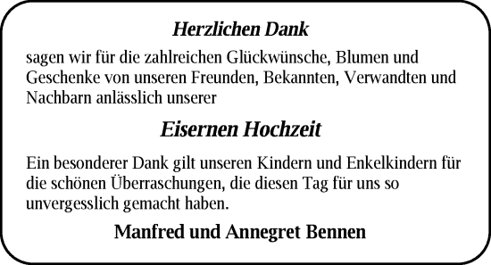 Hochzeitsanzeige von Annegret Bennen von BM