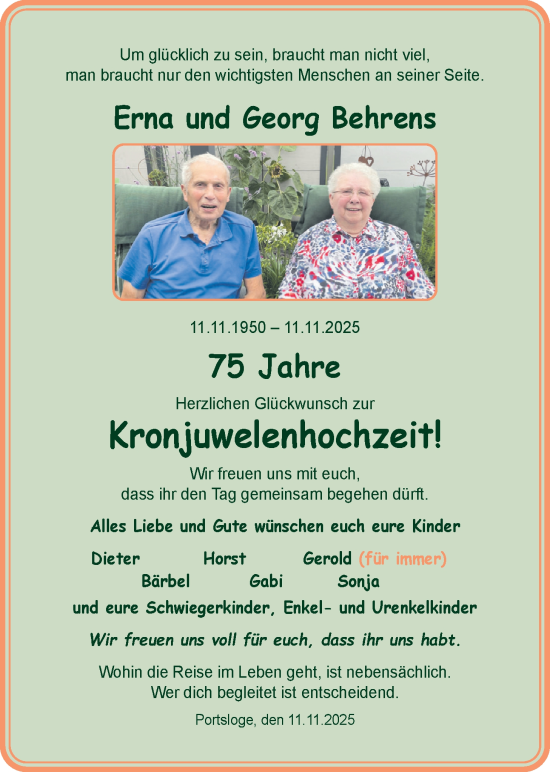 Hochzeitsanzeige von Erna Behrens von NWZ