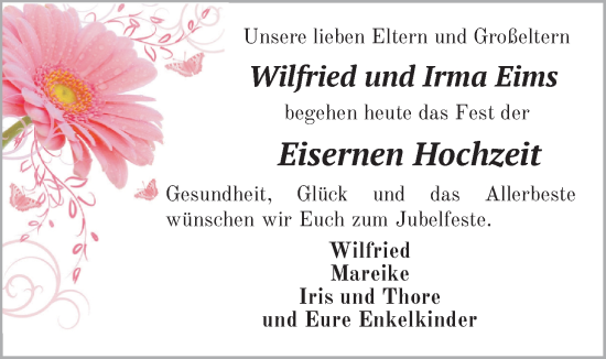 Hochzeitsanzeige von Wilfried Eims von BM