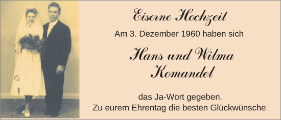 Hochzeitsanzeige von Wilma Komandel von NWZ