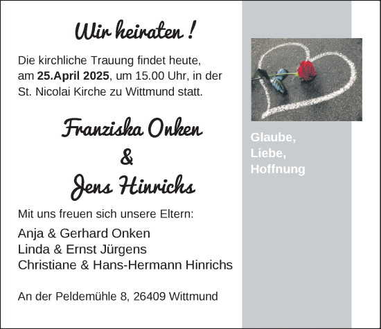 Hochzeitsanzeige von Franziska Onken von BM