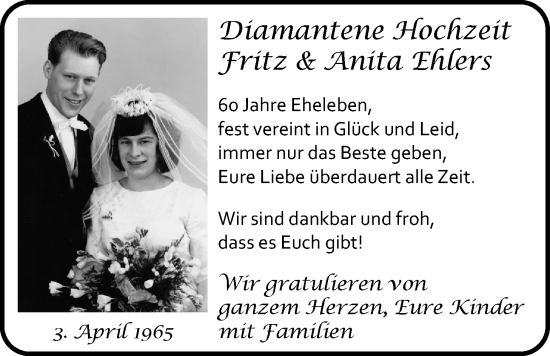 Hochzeitsanzeige von Fritz Ehlers von NWZ