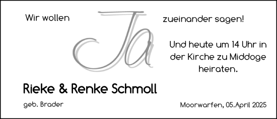 Hochzeitsanzeige von Rieke Schmoll von BM