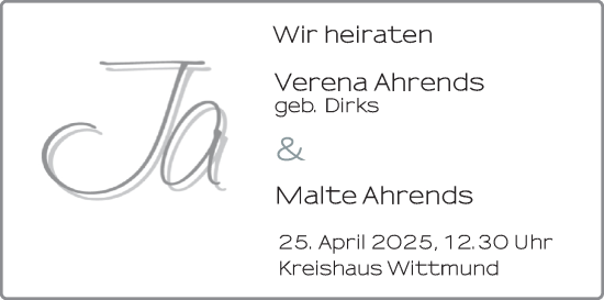 Hochzeitsanzeige von Verena Ahrends von BM