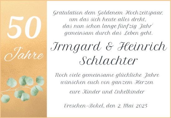 Hochzeitsanzeige von Irmgard Schlachter von NWZ