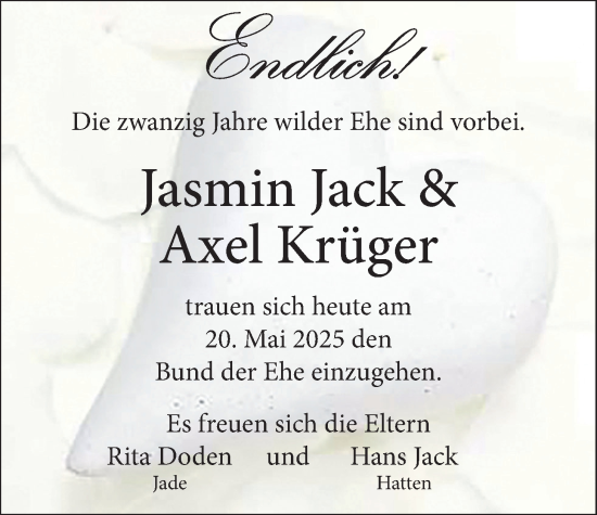 Hochzeitsanzeige von Jasmin Jack von NWZ