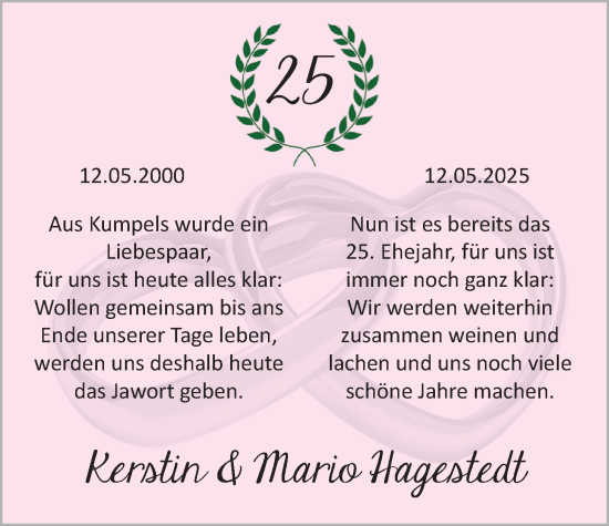 Hochzeitsanzeige von Kerstin Hagestedt von NWZ